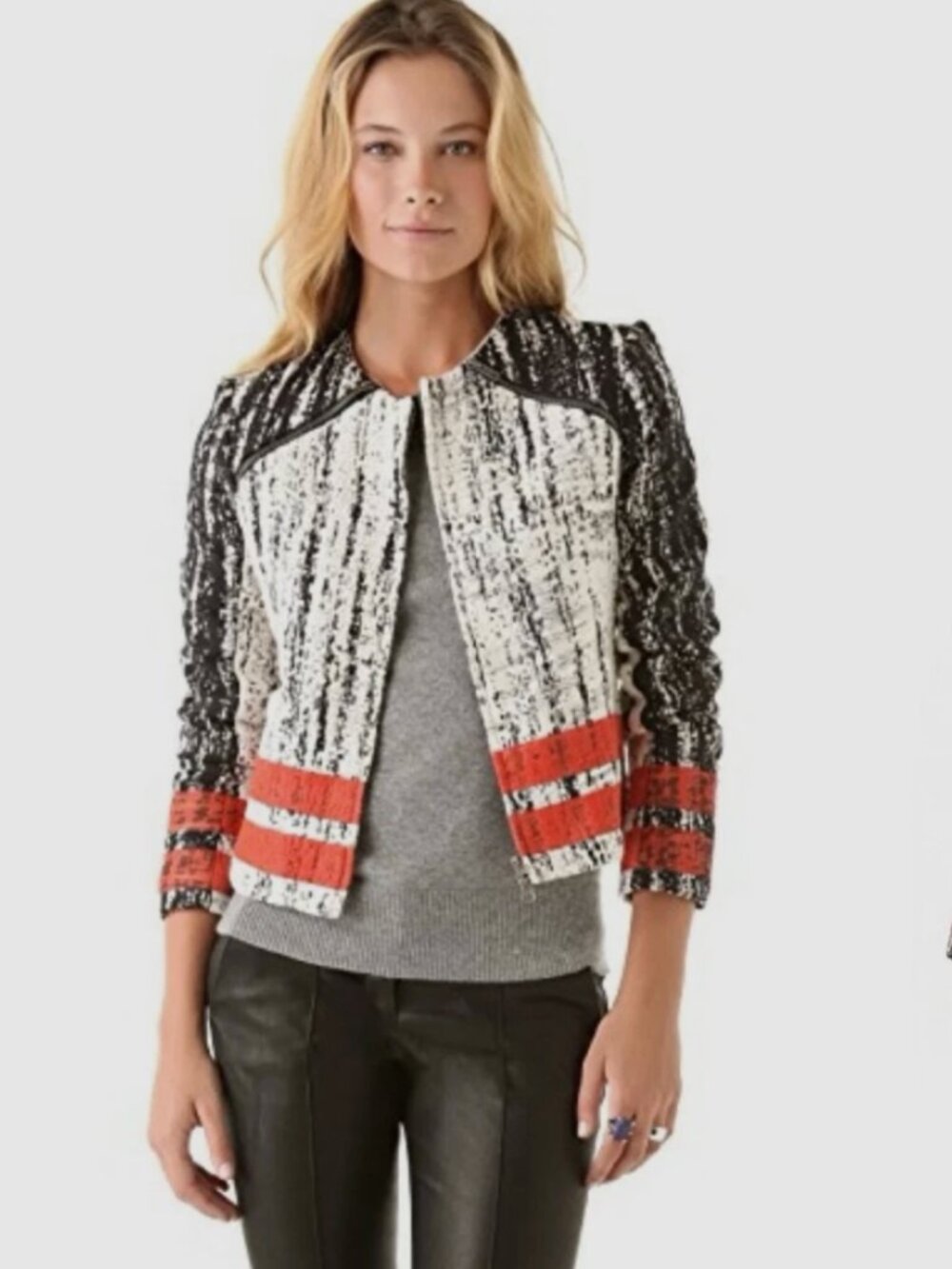 PARKER NY Tweed Moto Jacket Zip Up Black White Red Orange Stripe Designer Sz XS